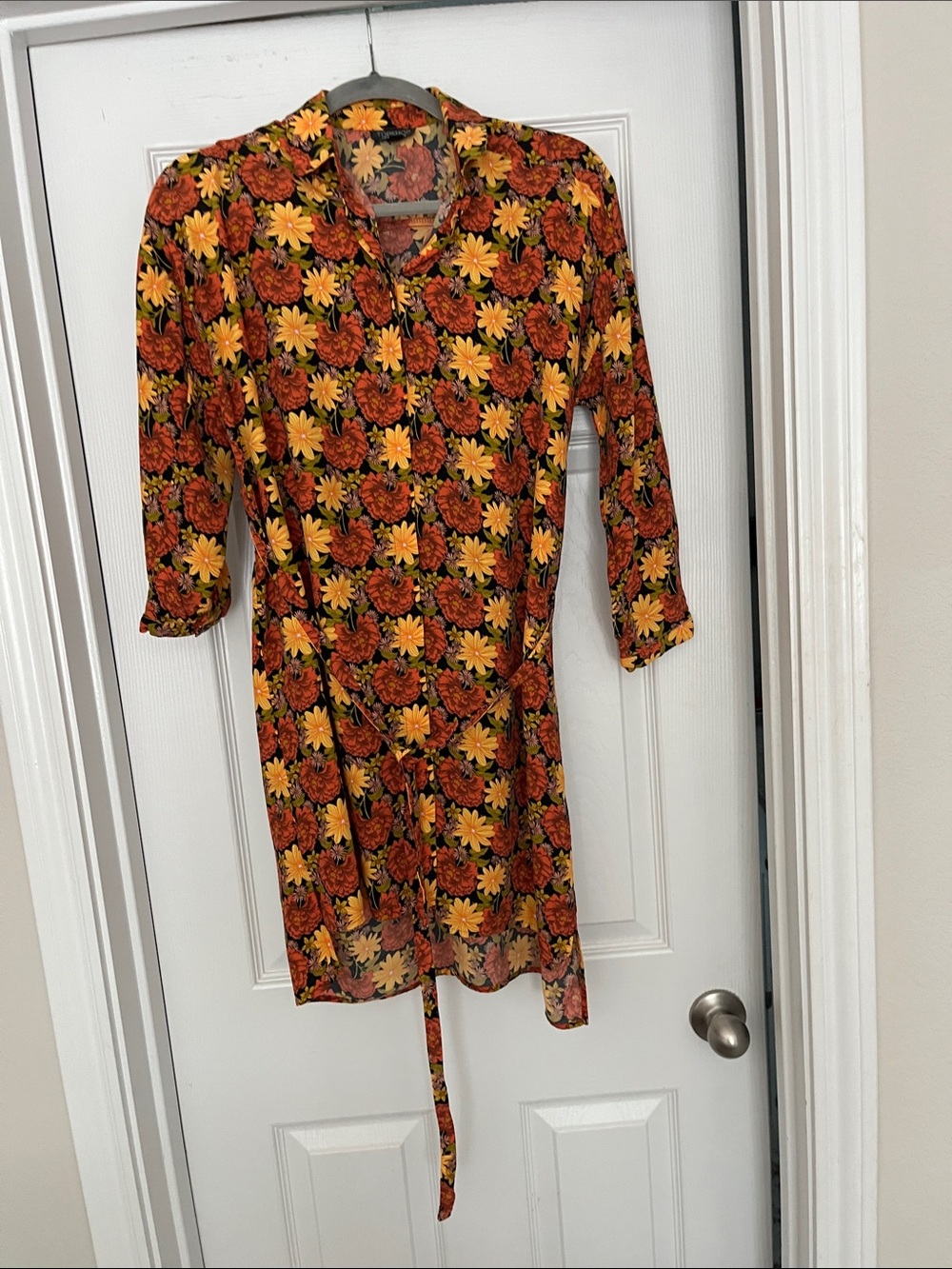 Topshop Orange & Yellow Floral Tie-Waist Mini Dress